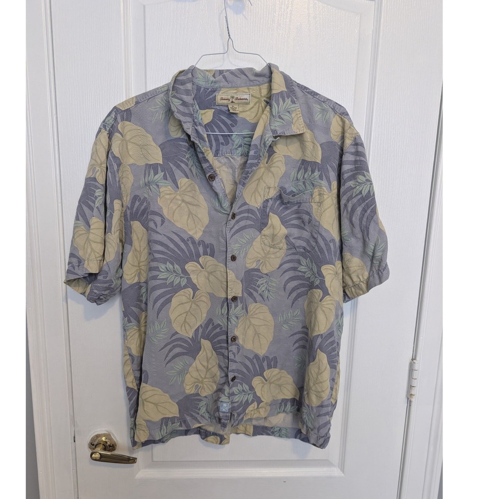 Tommy Bahama Mens XL 100% Silk Tropical Leaf Print Short Sleeve Camp Shirt Blue
